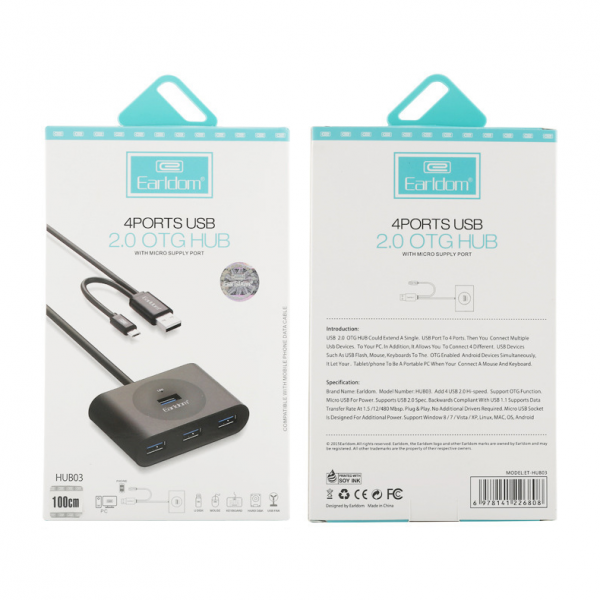 USB хъб Earldom HUB03, USB 2.0, 4 Порта, OTG, Черен - 12065