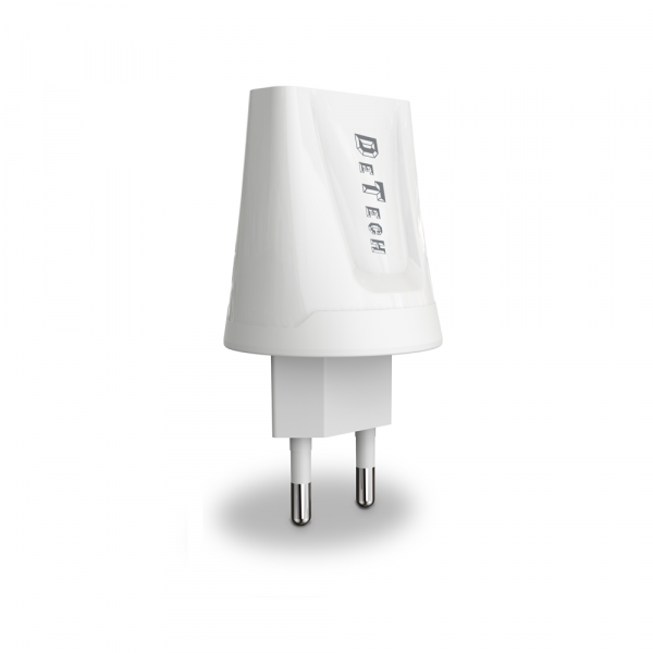 Мрежово зарядно устройство, DeTech, DE-01C, 5V/2.1A, 220V,2 x USB, С Type-C кабел, 1.0m, Бял - 14121