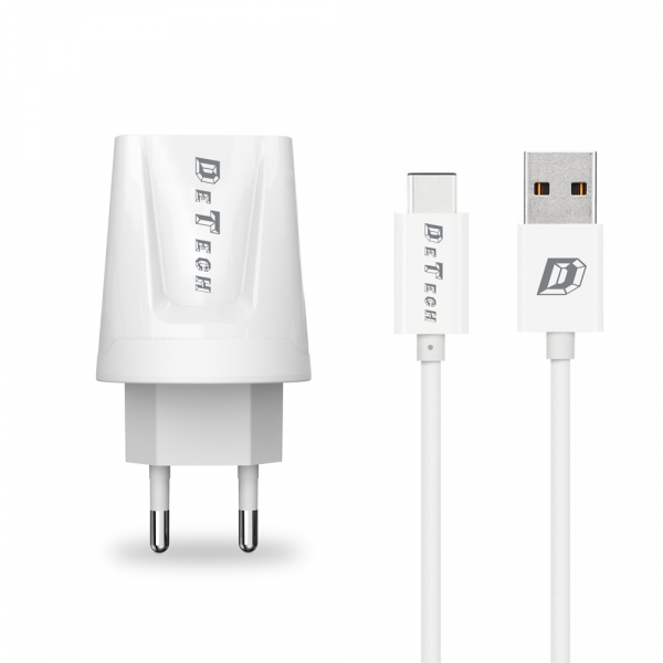 Мрежово зарядно устройство, DeTech, DE-01C, 5V/2.1A, 220V,2 x USB, С Type-C кабел, 1.0m, Бял - 14121