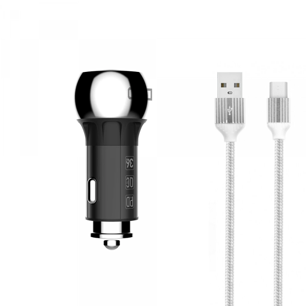 Зарядно устройство за кола LDNIO C1, 1xUSB QC3.0, 1xType-C PD, С Micro USB кабел, Сив - 40076