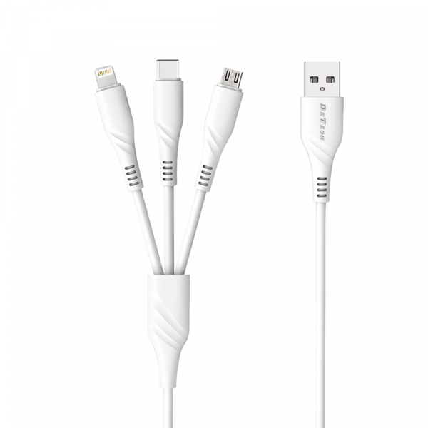 Кабел за зареждане DeTech DE-C40, 3 в 1, Micro USB, Lightning, Type-C, 1.0m, Бял - 40203