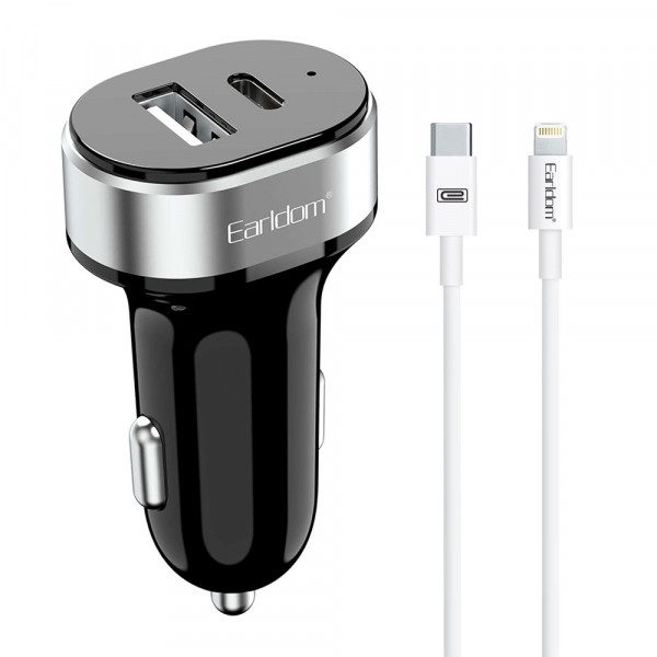 Зарядно устройство за кола Earldom ES-CC14, 1xUSB, 1xType-C, С PD Lightning кабел, Черен - 40245