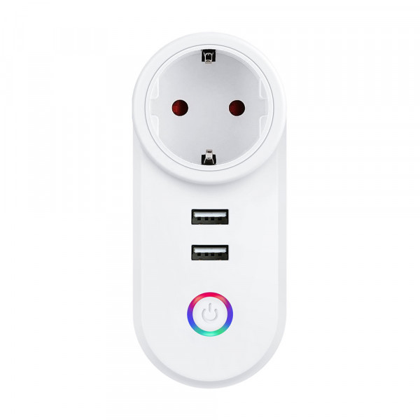 Смарт контакт No brand PST-LSPA2, 2xUSB F, 220V, 10A, Wi-Fi, Tuya Smart, Бял - 91018