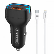 Зарядно устройство за кола Earldom ES-CC2, 1xUSB QC3.0, 1xType-C PD, С PD Lightning кабел, Различни цветове - 40251