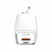 Мрежово зарядно устройство LDNIO A2318M, MFi, 20W, 1 x Type-C F, 1 x USB F, PD, QC, С Кабел Type-C към Lightning, Бял - 40281