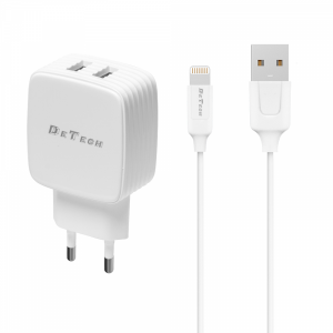 Мрежово зарядно устройство DeTech DE-33i, 5V/2.4A, 220V, 2 x USB, С Lightning кабел, 1.0m, Бял - 40101