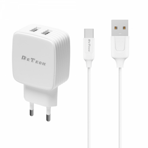 Мрежово зарядно устройство, DeTech, DE-33C, 5V/2.4A, 220V, 2 x USB, С Type-C кабел, 1.0m, Бял - 40102