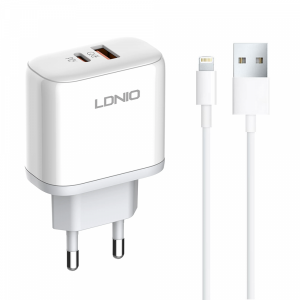 Мрежово зарядно устройство LDNIO A2526C, 45W, 1 x Type-C F, 1 x USB F, PD, QC, PPS, С Lightning кабел , Бял - 40285