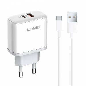 Мрежово зарядно устройство LDNIO A2526C, 45W, 1 x Type-C F, 1 x USB F, PD, QC, PPS, С Type-C кабел , Бял - 40286