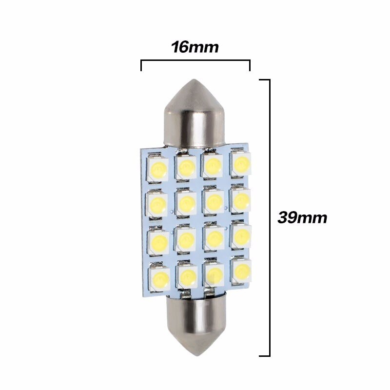 Комплект от 2 броя LED Лед Диодни Крушки 16 SMD 5050 36мм 12V Бяла Светлина в блистер