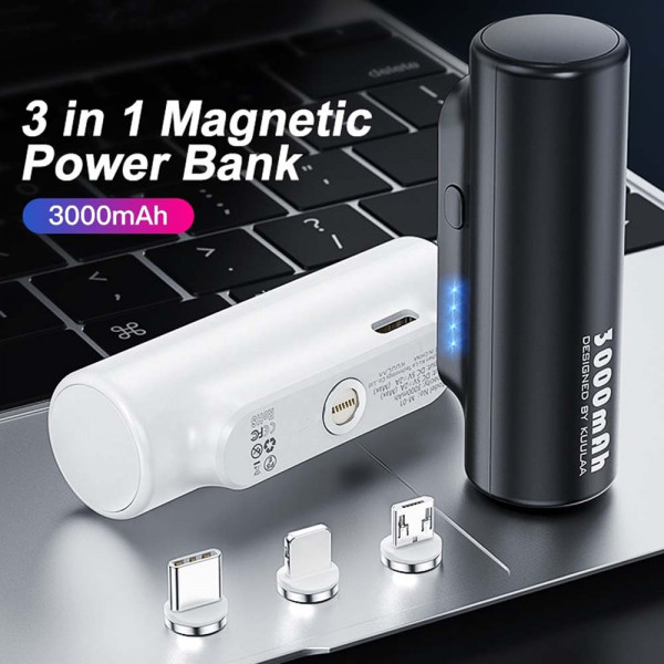 Революционен магнитен POWER BANK M-01 с 3 различни накрайника - Type C, USB Micro, iPhone; 3000mAh