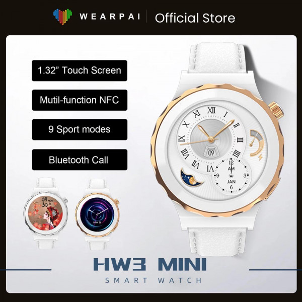 Луксозен смарт часовник HW3 mini с кожена бяла каишка, SMART WATCH - WIRELESS CHARGING