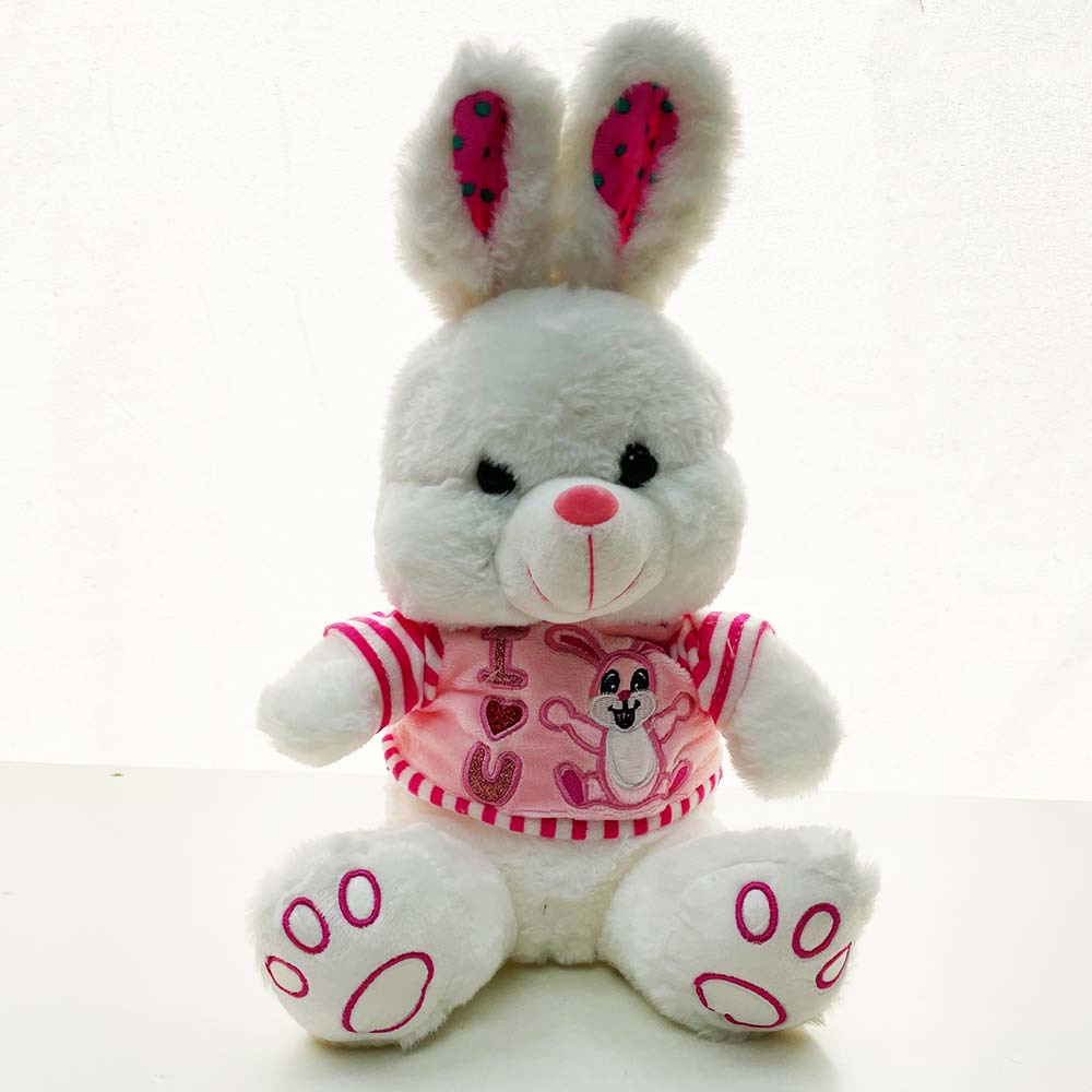 Бяло плюшено зайче I LOVE YOU BUNNY, с розов елек, височина 28 см