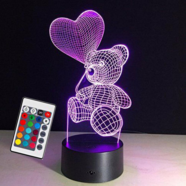 Холограмна LED лампа CREATIVE 3D TEDDY BEAR RGB, с дистанционно управление и много цветове