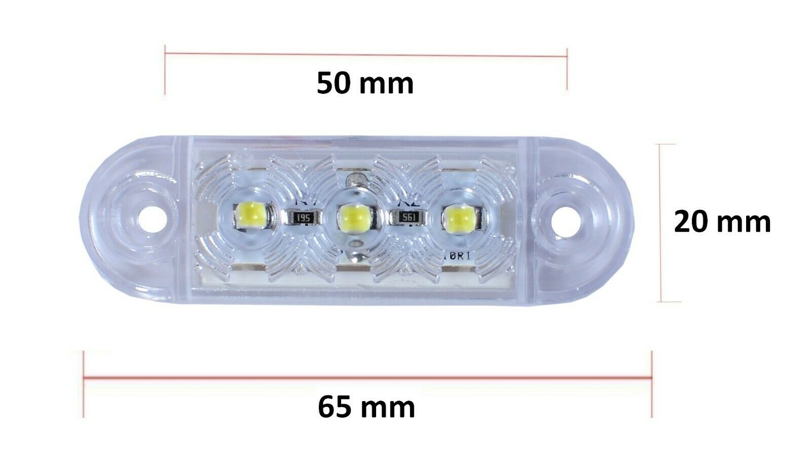 12V-24V - 3 LED преден маркер токос габарит - за бус платформа камион ремарке автобус - 65 мм х 10 мм - бял