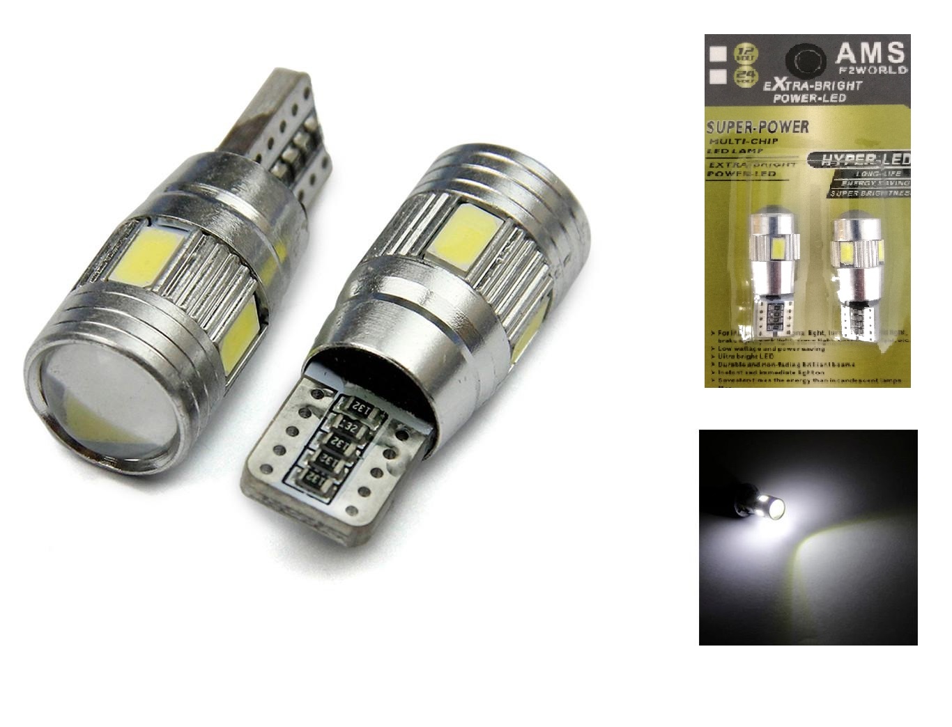 Комплект от 2 броя Лед Крушки За Габарит Т10 W5W LED 6 SMD, Canbus 12V, Бяла Светлина в блистер