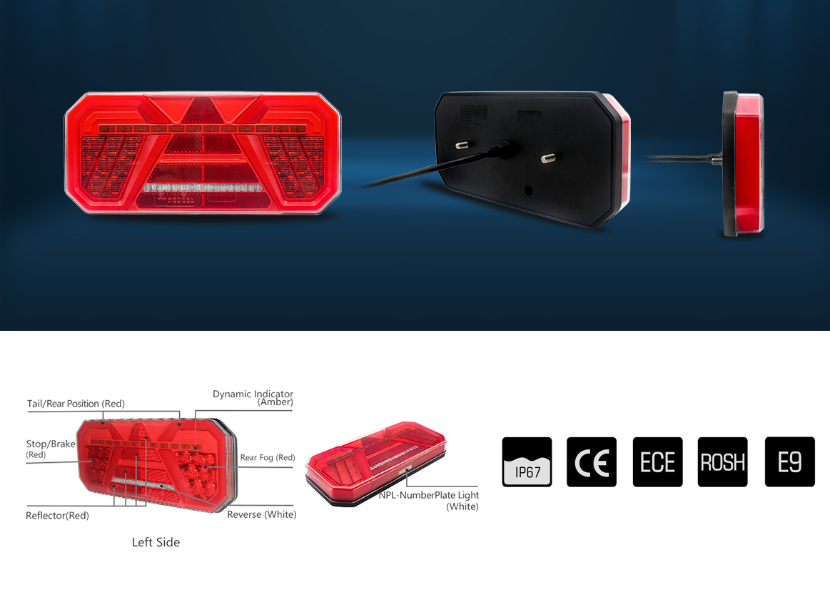 Комплект Ляв + Десен Мултифункционални Диодни LED Лед Стопове с Бягащ Мигач Неон Neon Ефект 12V 24V 305mm X 140mm X 35mm E9 За Бус Камион Тир Ремарке