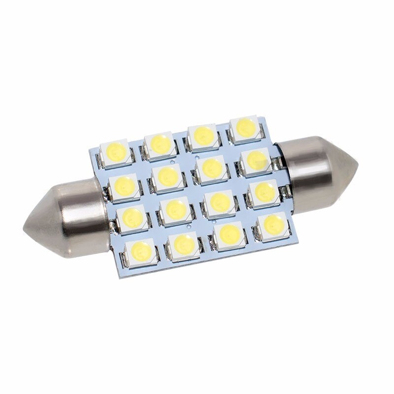 Комплект от 2 броя LED Лед Диодни Крушки 16 SMD 5050 39мм 12V Бяла Светлина в блистер