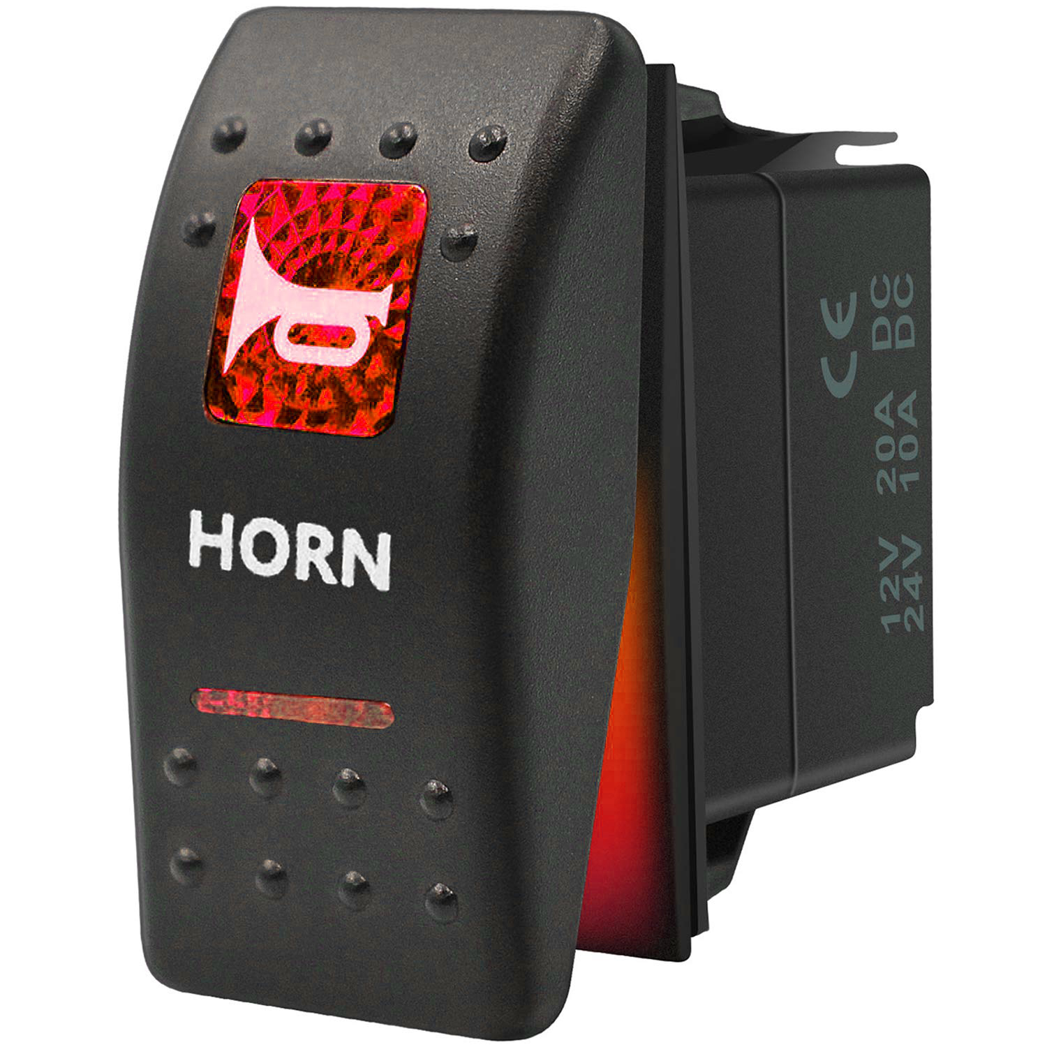 Копче, Бутон, За Вграждане, За Тромба, Клаксон, 12V - 24V, Надпис HORN , Червена Светлина, Моментен, Самовъзвратен