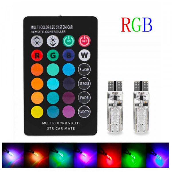 Многоцветни автомобилни LED крушки с дистанционно, RGB - Т10