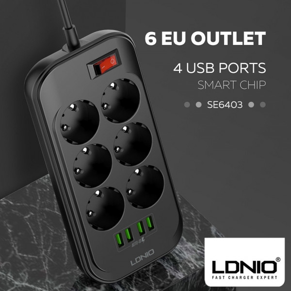 Хай-тек разклонител LDNIO- SE6403 с 6 гнезда и 4 USB порта, 2500W, 2m,