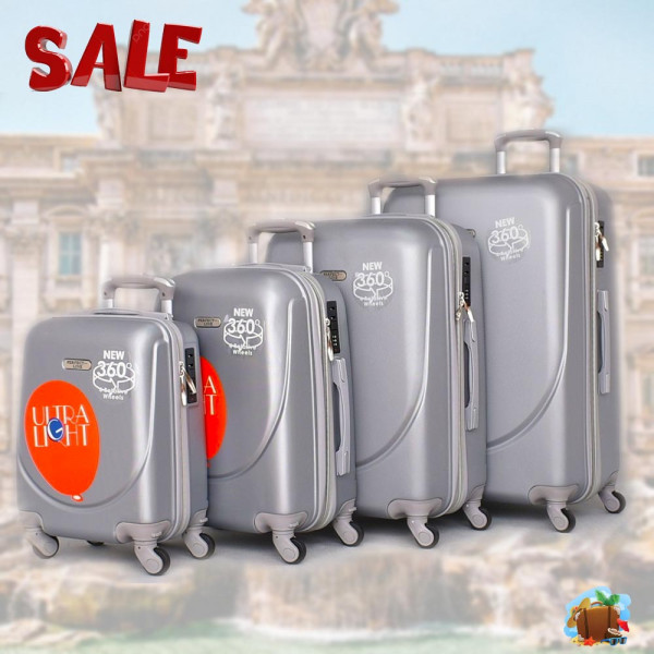 НОВО: 4бр Куфари 1217-4 GREY ABS,четири въртящи колелца, заключване с цифров шифър, комплект 4бр