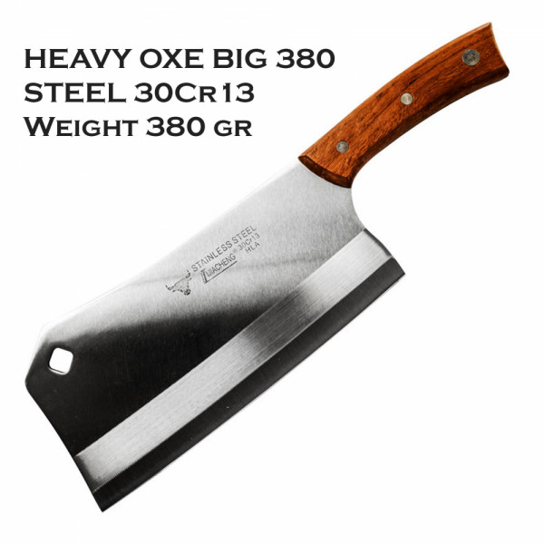 Голям тежък кухненски сатър HEAVY OXE BIG 380, стомана 30Cr13, фултанг, удобен и прецизен