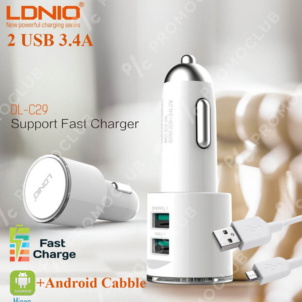 3.4A авто зарядно за ANDROID LDNIO C29, 2 USB 3.4A, кабел micro USB ANDROID, 12-24V