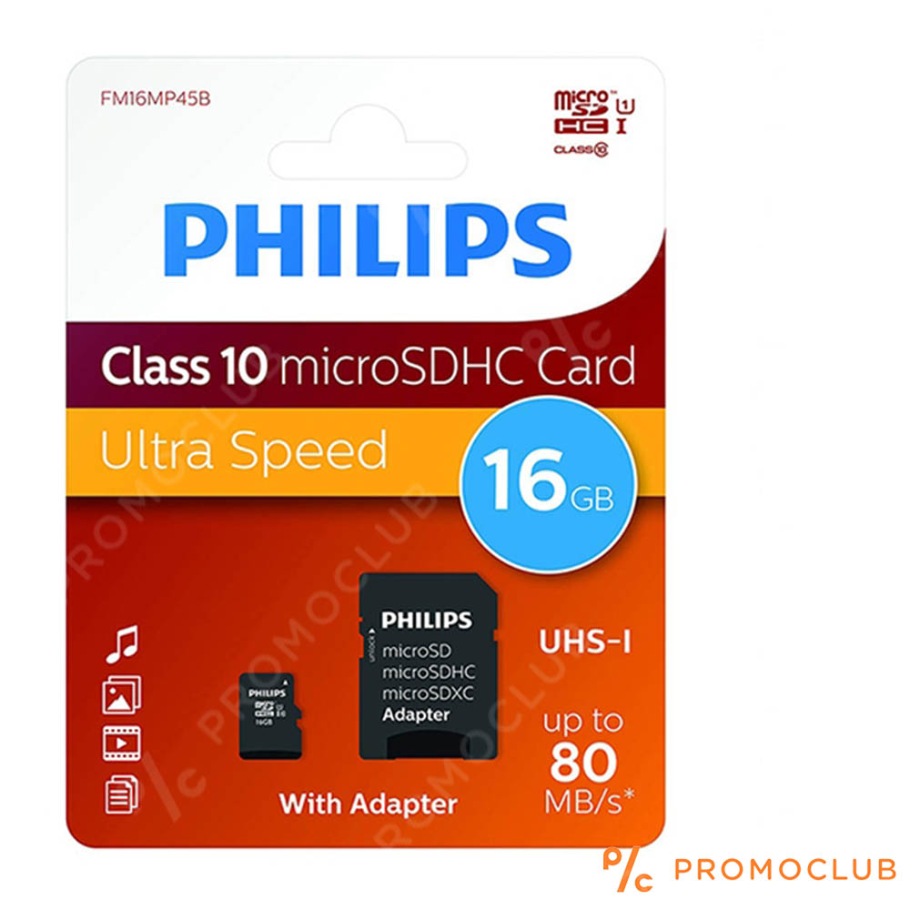 Micro SD карта памет PHILIPS 16GB CLASS 10 на четене и запис, с преходник