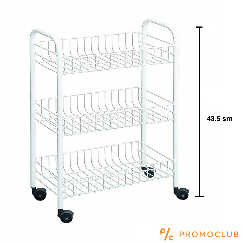 Компактна кухненска етажерка на колела с три рафта, метална, висока 43 см, бяла