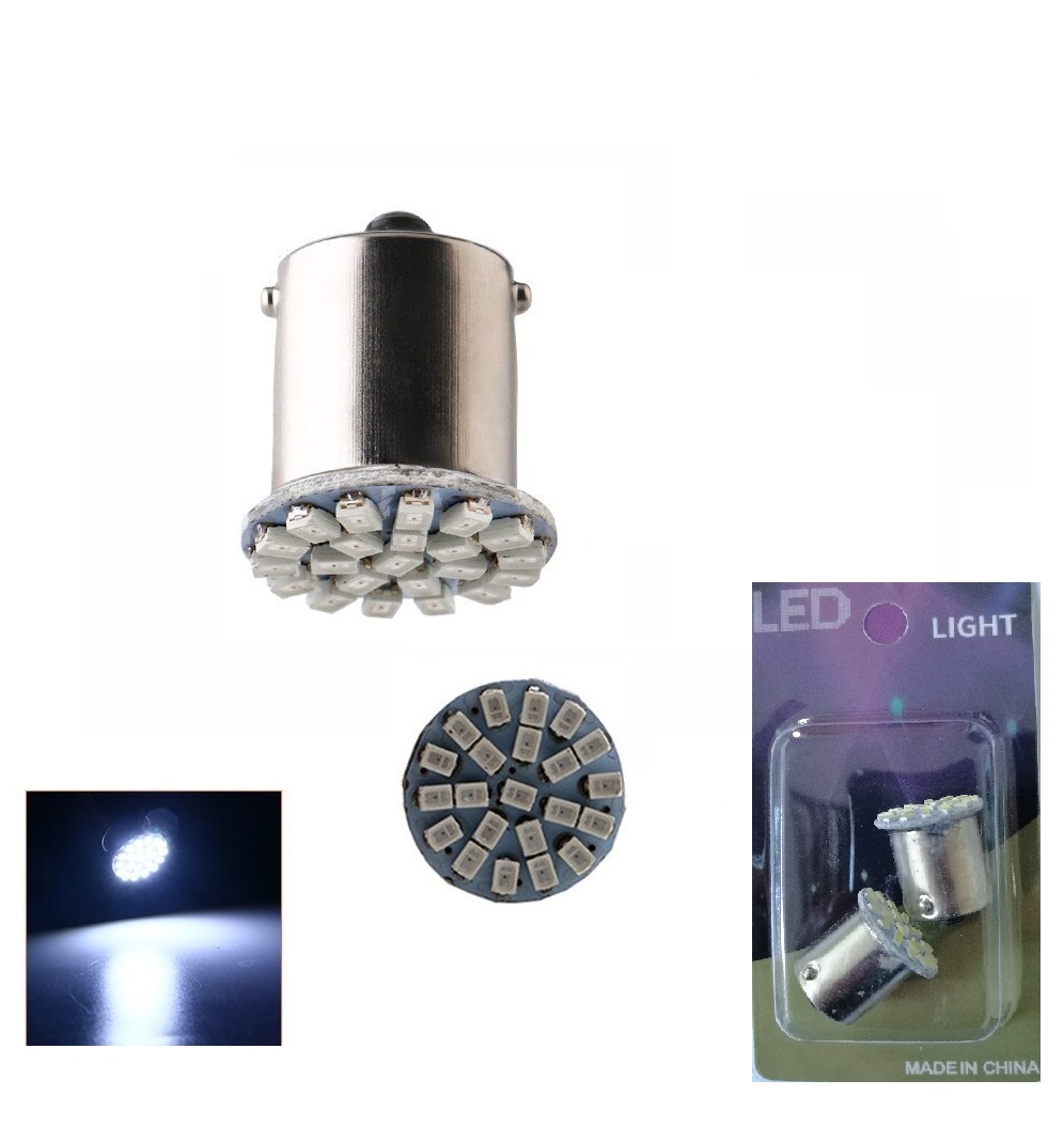 Комплект от 2 броя LED Лед Крушки, 22 SMD BA15S 1156 (PY21W) 24V Бяла Светлина Срещуположни пинове (180°) в Блистер