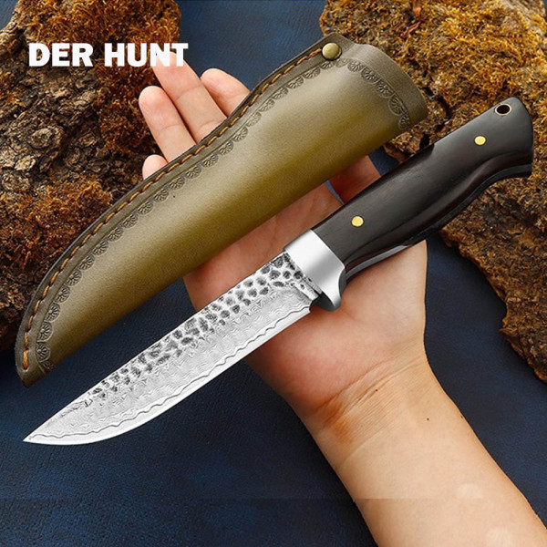 Ръчно изработен ловен нож DER HUNT, японска дамаска стомана 95 слоя, кожена кания