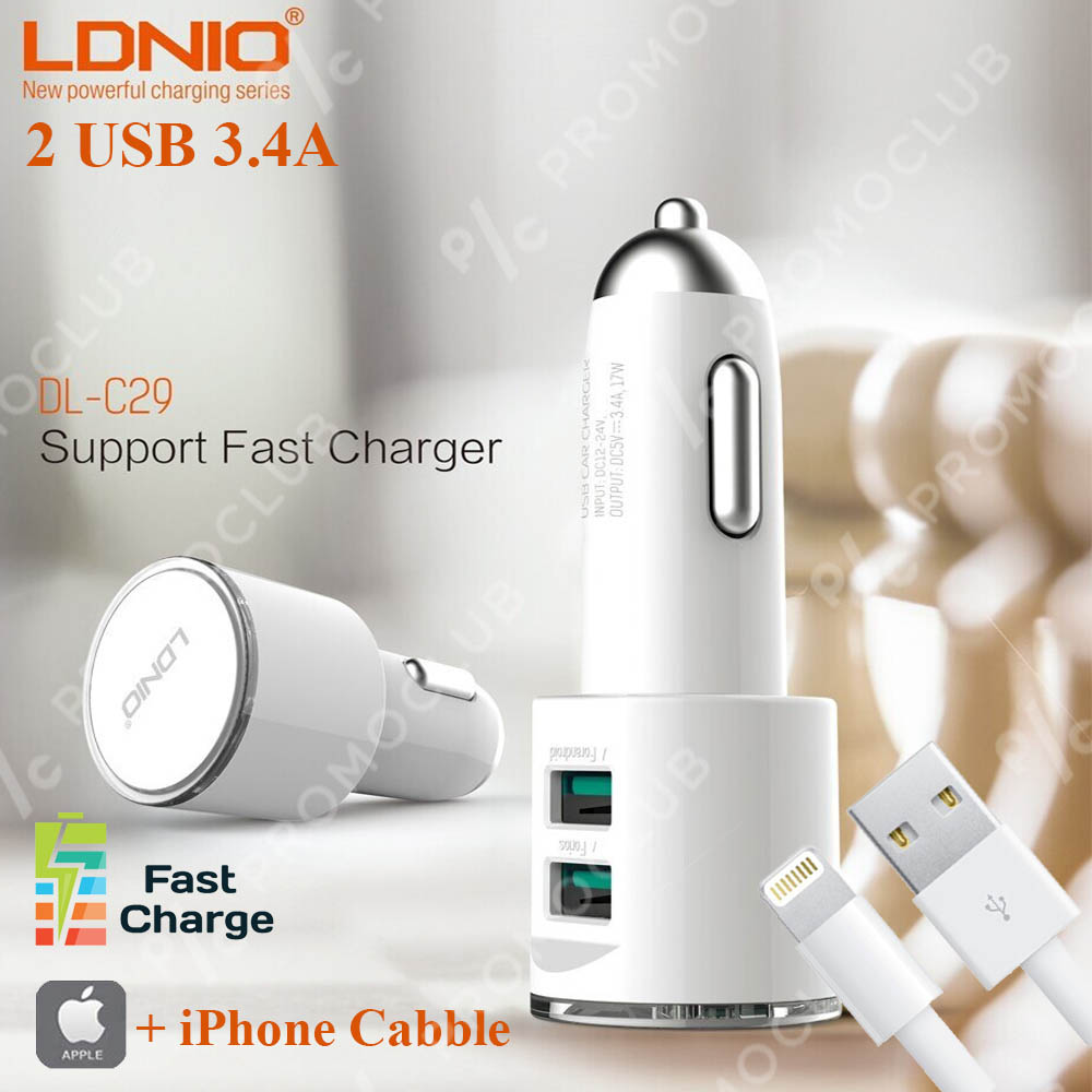 Мощно авто зарядно за Apple iPhone LDNIO C29, 2 USB 3.4A, кабел Apple iPhone