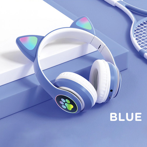 Сладурски безжични слушалки КОТЕНЦЕ със светещи цветни LED ушички и лапичка STN 28, сини, BF22