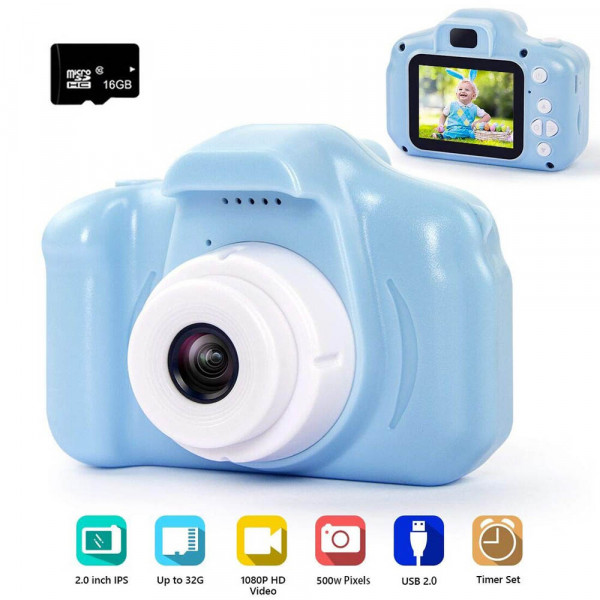 Детски електронен фотоапарат, с дисплей, слот за карта памет и много функции, СИН