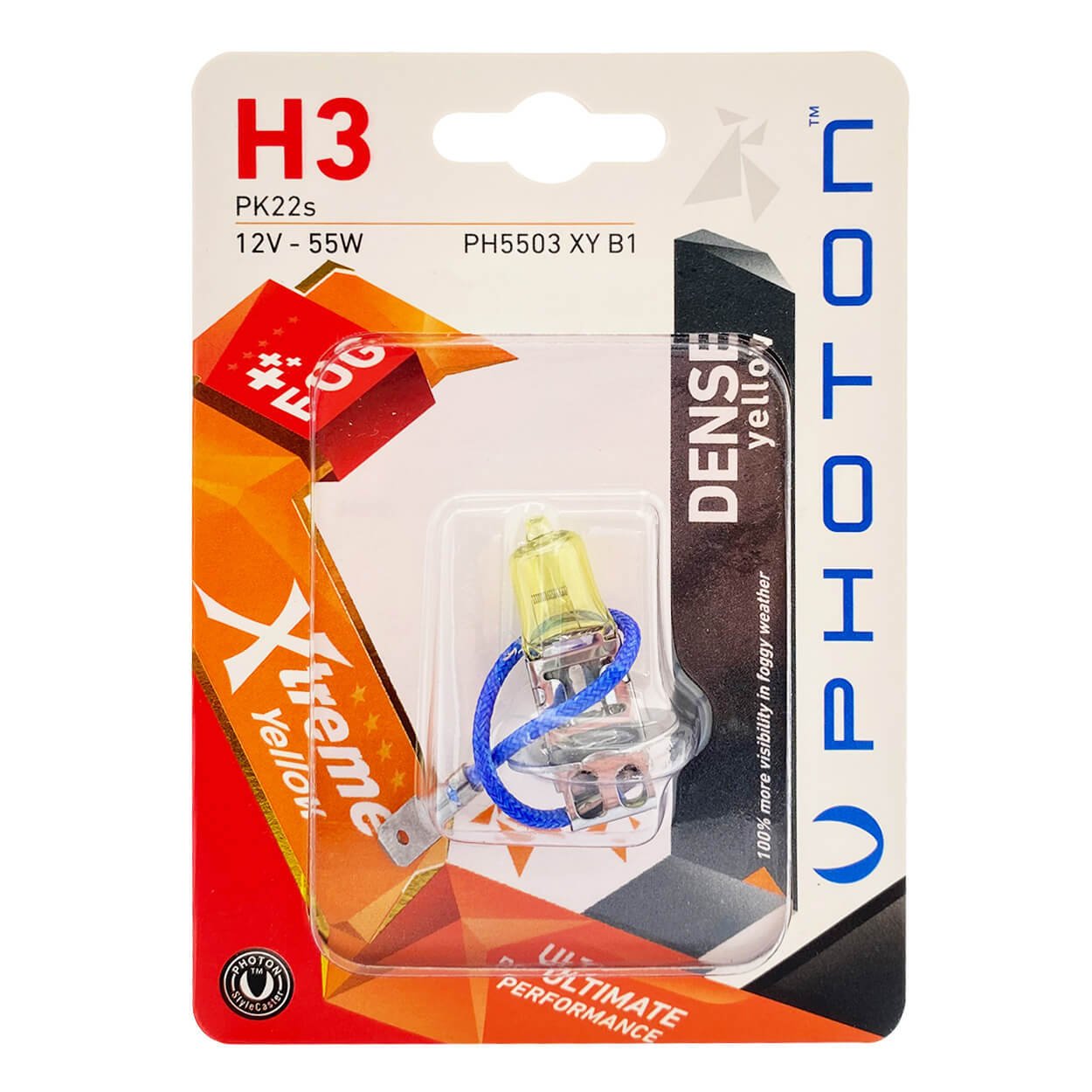 1 брой халогенна крушка H3 Х3 12V 55W PK22S жълта светлина в блистер Xtreme Photon