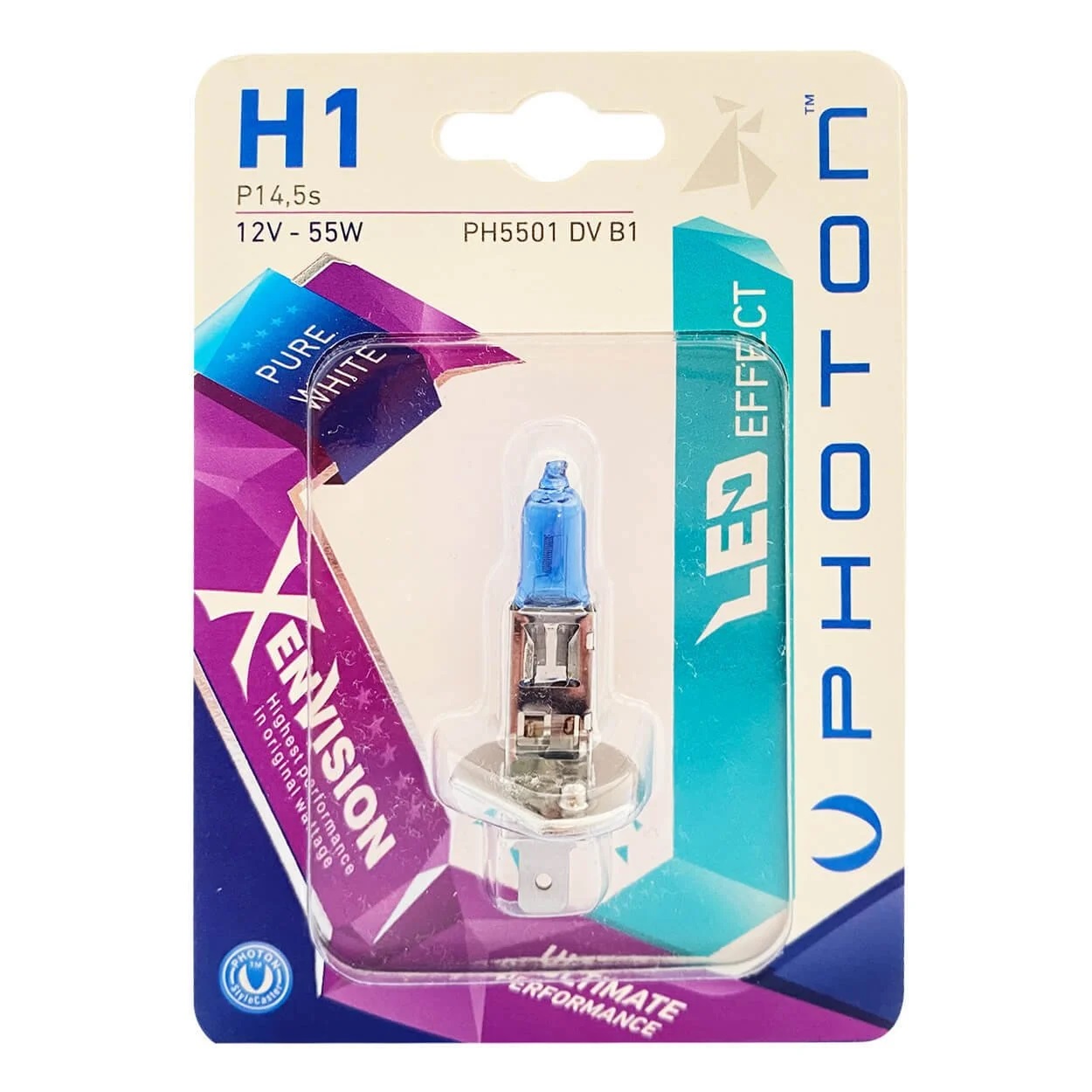 1 брой халогенна крушка H1 Х1 12V 55W P14,5s бяла светлина Xen Vision в блистер Photon