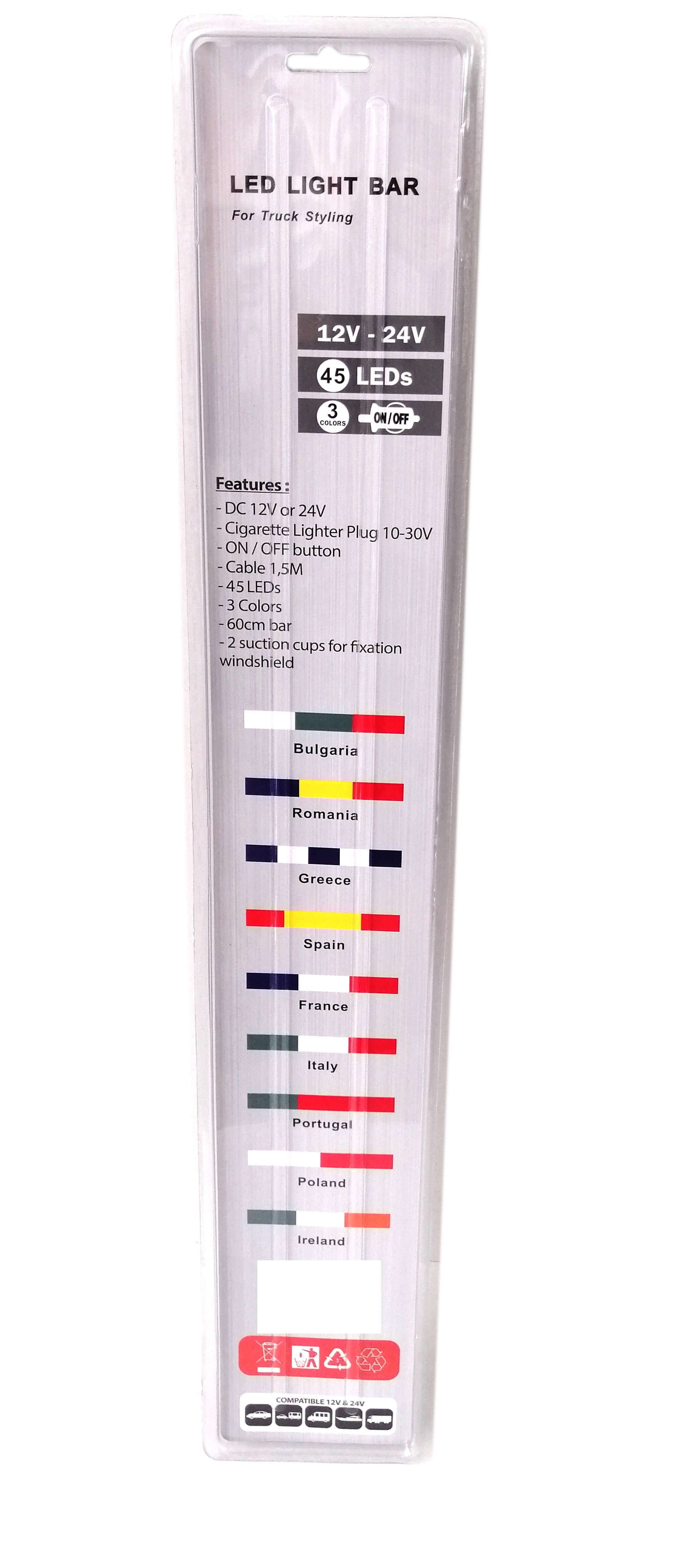 Светещ лед бар 60 cm 45 LED 12V - 24V зелено-бяло-червено IT Italy флаг знаме Италия