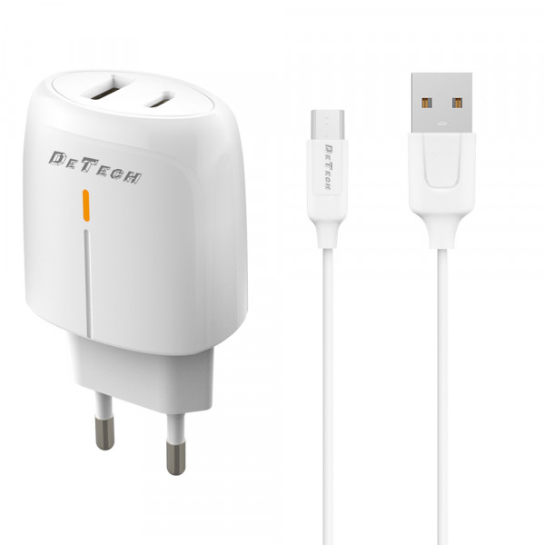 Мрежово зарядно устройство DeTech DE-31M, 20W, С Micro USB кабел, 1 x Type-C F, 1 x USB F, PD, QC, Бял - 40319