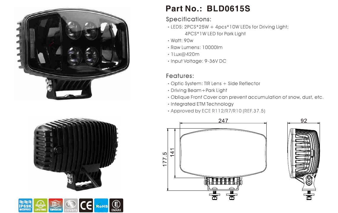 ЛЕД LED Високомощен диоден фар халоген лампа 247 см 12V - 24V бяло-жълто за камиони трактор земеделски машини и др