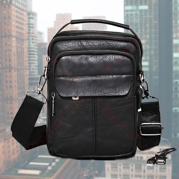Практична и стилна мъжка чанта от еко кожа с USB изход и кабел MENSTYLE -BLACK 2635