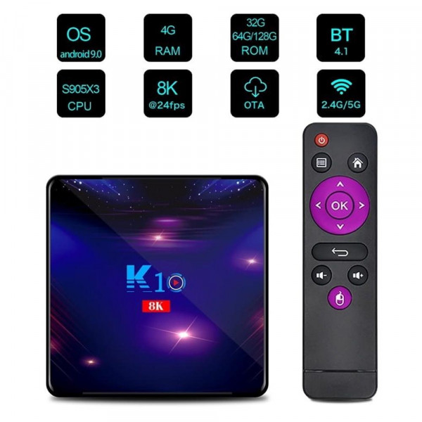 Мултимедиен плеър TV Box K10, Amlogic, 8K, 4GB RAM, 64GB ROM, USB 3.0, Черен, Тв бокс