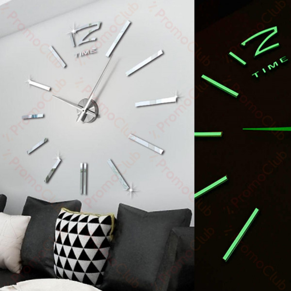 3D Стенен светещ модерен часовник, сив - Silver, Home Decor Clock 3D