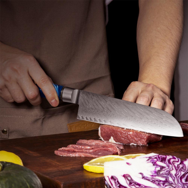 Професионален кухненски нож DAMASK CUTLER BLUE SANTOKU J005, 67-слойна японска дамаска стомана