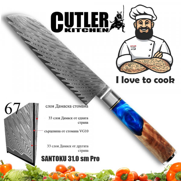 Професионален кухненски нож DAMASK CUTLER BLUE SANTOKU J005, 67-слойна японска дамаска стомана