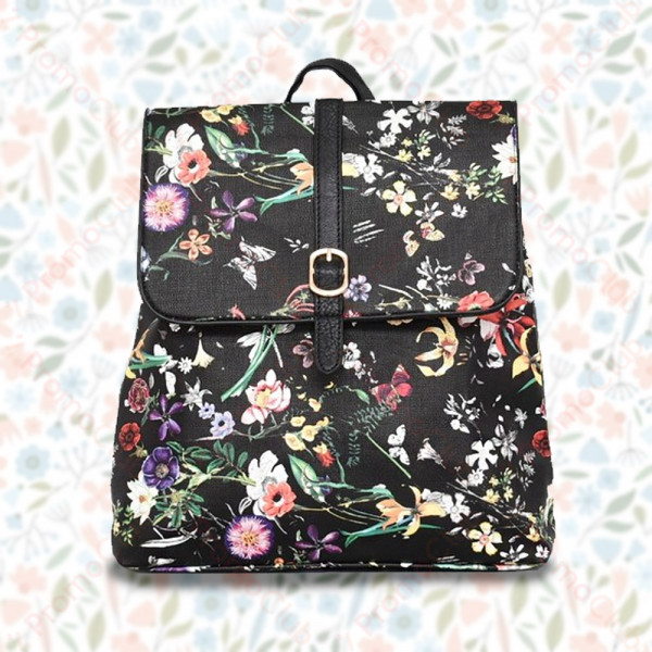 Страхотна красива и елегантна дамска раница от ЕКО кожа FLORAL - BLACK В8621