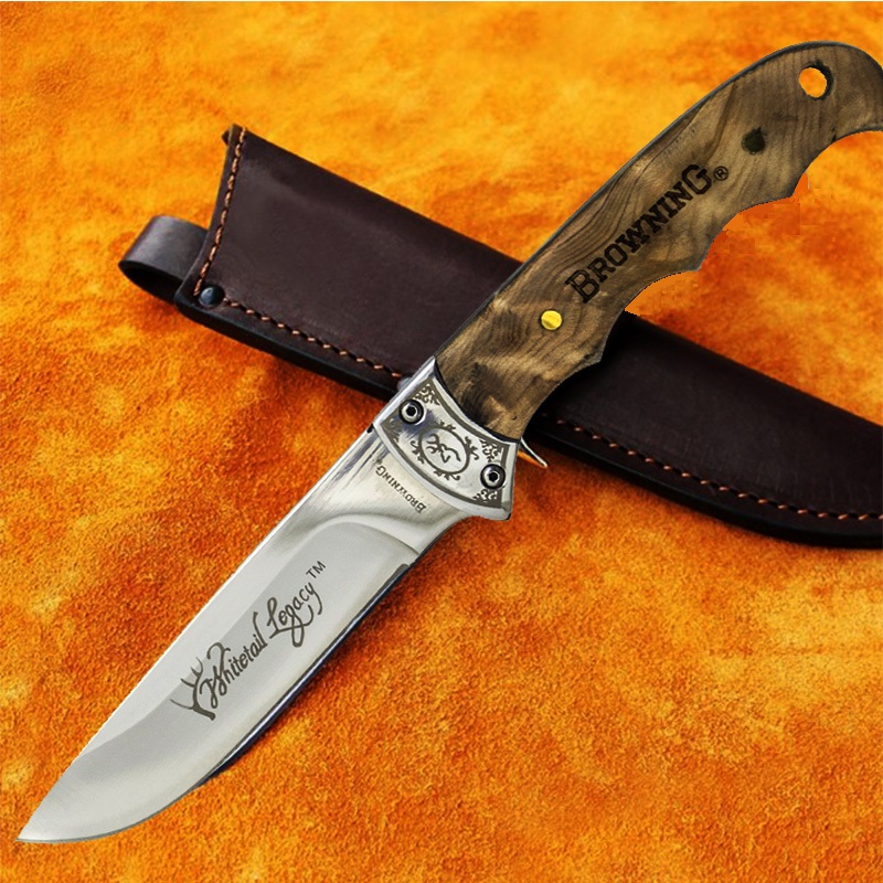 Бутиков ловен нож BROWNING  B4040 с инкрустации, орехова дръжкa и кожена кания