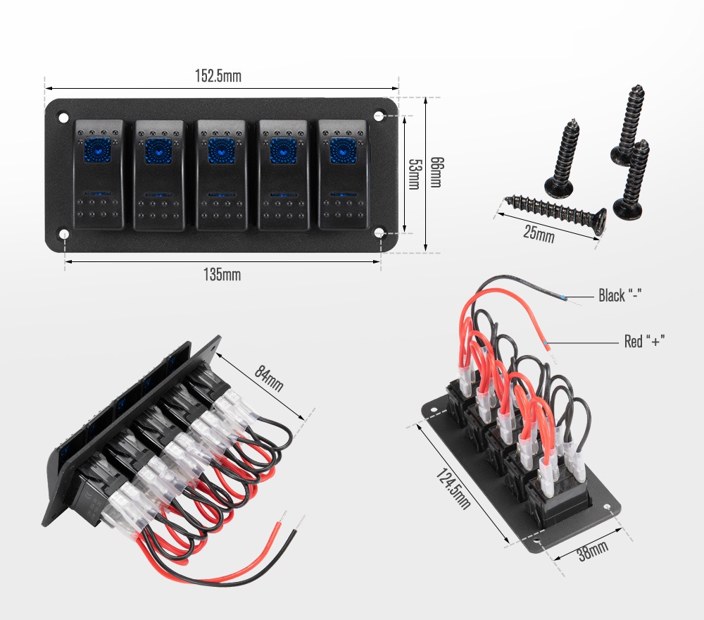 Панел за вграждане с 5 бутона ON-OFF универсални 12-24V за LED светлини бар фарове лебедки лампи за кола камион каравана джипове лодка и др.