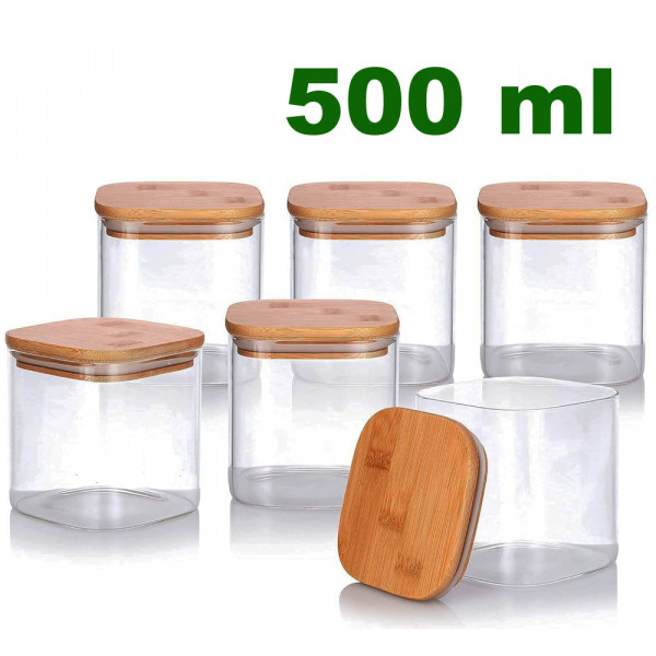 500ml Квадатен стъклен буркан с бамбукова капачка и силиконово уплънение за съхрнение на подправки,боросиликатно стъкло , 24155-4