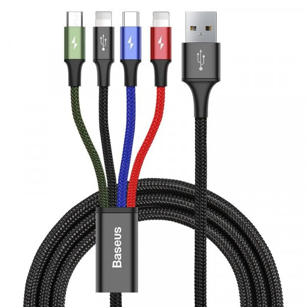 Кабел за зареждане Baseus Fast, 4 в 1, Micro USB, 2 x Lightning, Type-C, 1.2m, Черен - 40493